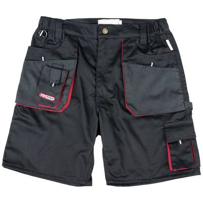 Black work shorts with red accents and multiple pockets, suitable for manual work.