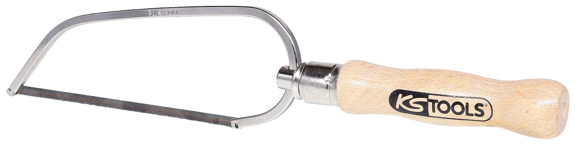 A small hacksaw with a wooden handle and a thin metal blade. The handle bears the 'KS TOOLS' logo.