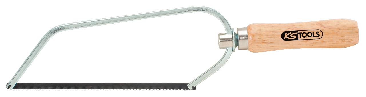 Hand saw with a rectangular metal frame and wooden handle, saw blade secured between the ends.