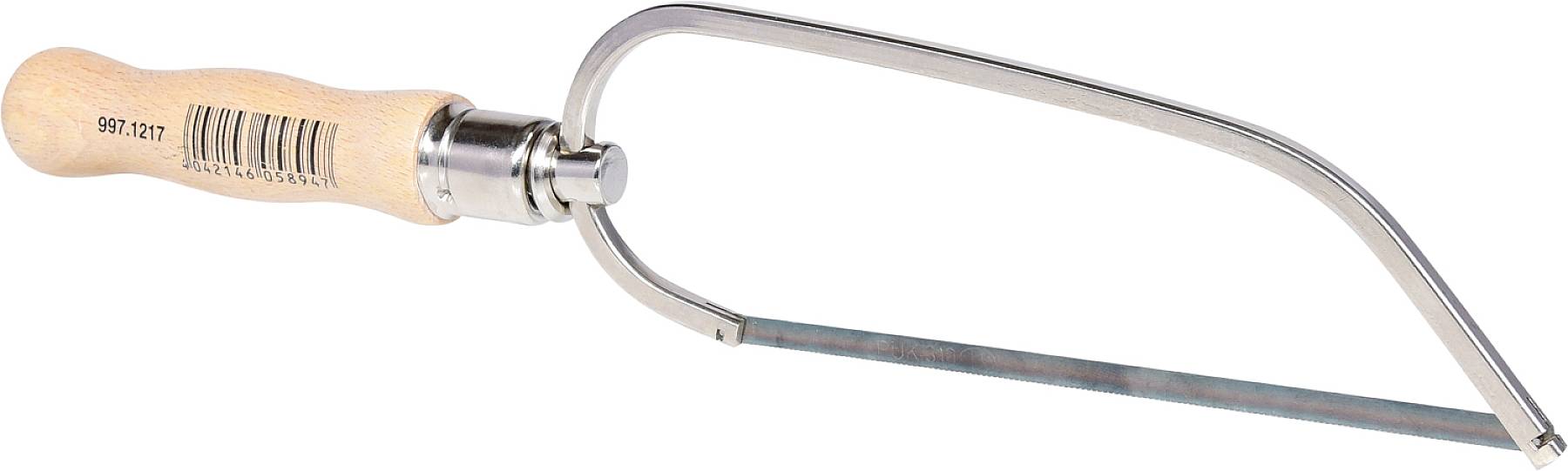 A small bow saw with a wooden handle and metal frame. It is typically used for fine cuts in woodworking.