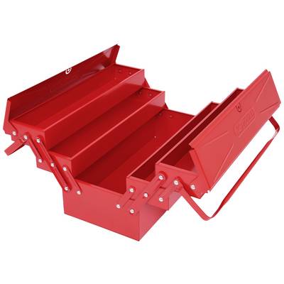 An opened red toolbox with multiple compartments, ready for storing tools.