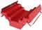 Red metal toolbox, opened with multiple compartments for tools and accessories.
