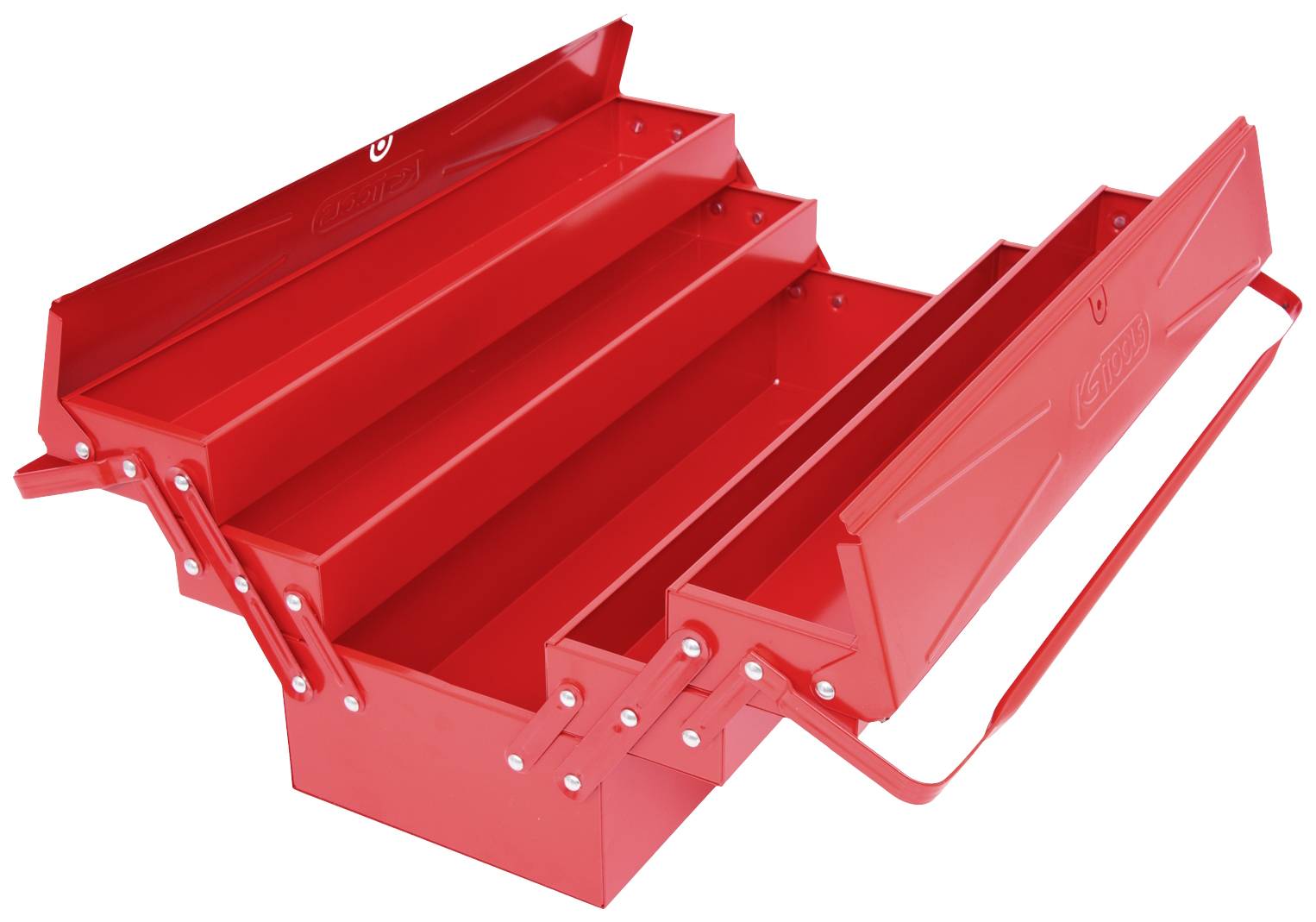 An open red toolbox with multiple compartments and a carrying handle on top.