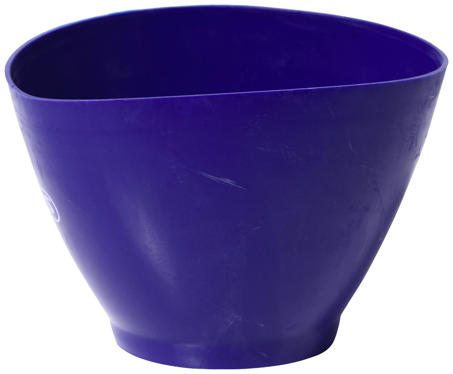 A dark blue, oval plastic bowl with a smooth surface and slightly bevelled edge, standing upright.