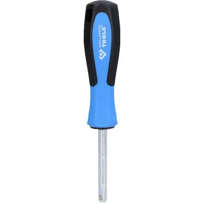 A blue screwdriver with a non-slip black handle and metal tip, marked with 'TOOL'.