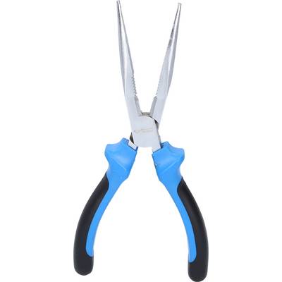 Needle-nose pliers with blue and black handles, designed for precise manipulation of small objects, pictured against a white background.