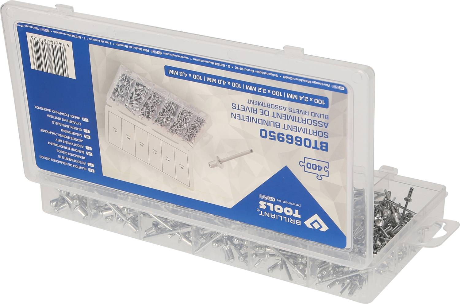 A transparent box with various screws. The label shows the number and sizes of screws in millimetres.