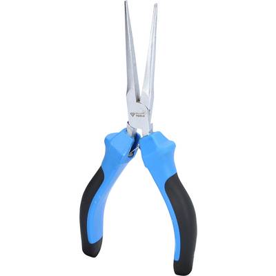 A blue-black pointed pliers with rubber-coated handles, used for gripping and bending wires.