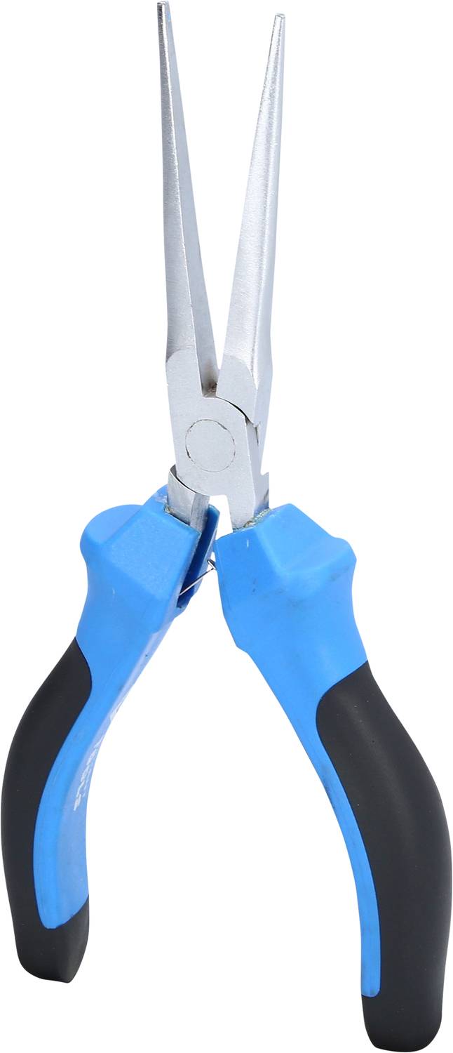 Blue-black pointed pliers with long gripping jaws, suitable for precise work in hard-to-reach areas.