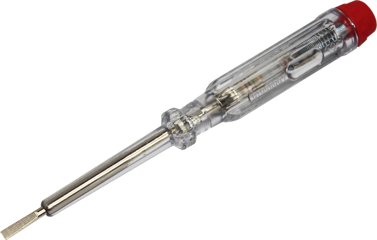 Screwdriver with a transparent handle and red cap, revealing the internal metal structure.