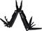 Black multi-tool with open pliers and various additional tools such as a knife, screwdriver, and bottle opener.