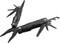 A black multi-purpose tool with unfolded pliers, knives, and bottle opener, shown in an open position.