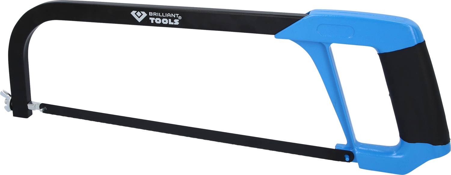 Metal saw with a blue handle and black frame, brand 'Brilliant Tools'. Used for cutting metal.
