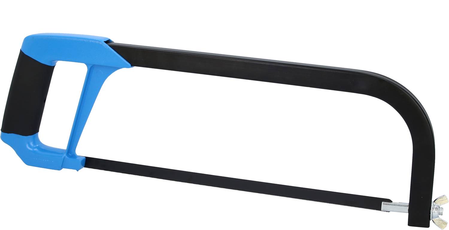 A metal saw with a blue handle, on the left side of the image.