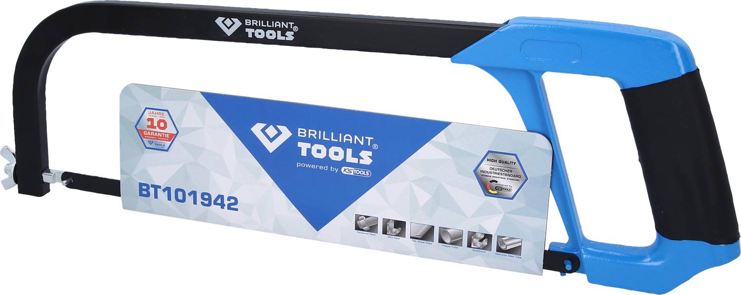 Metal saw by the brand 'Brilliant Tools' with blue-black handle. Model number BT101942. Suitable for various cutting tasks.