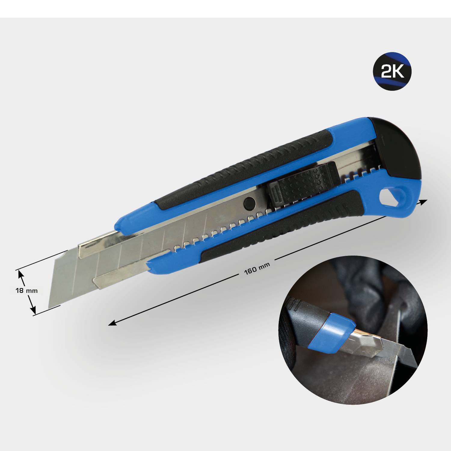 A blue-black utility knife with a blade length of 160 mm and width of 18 mm, detailed view of the blade in use.