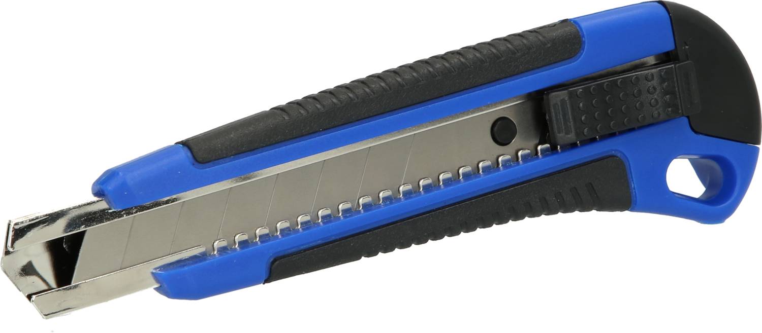 A blue and black utility knife with an extendable silver blade mechanism, lying closed.
