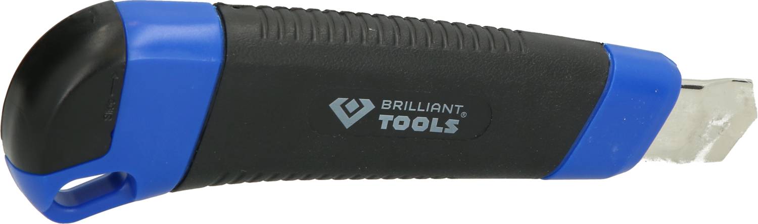A black carpet knife with blue accents and the inscription 'Brilliant Tools' on the handle.