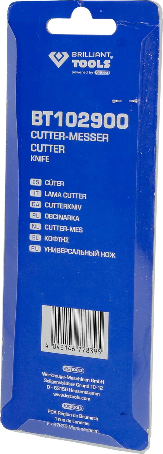 'BT102900 Cutter Knife' Packaging in Blue with Multilingual Translations for 'Cutter'