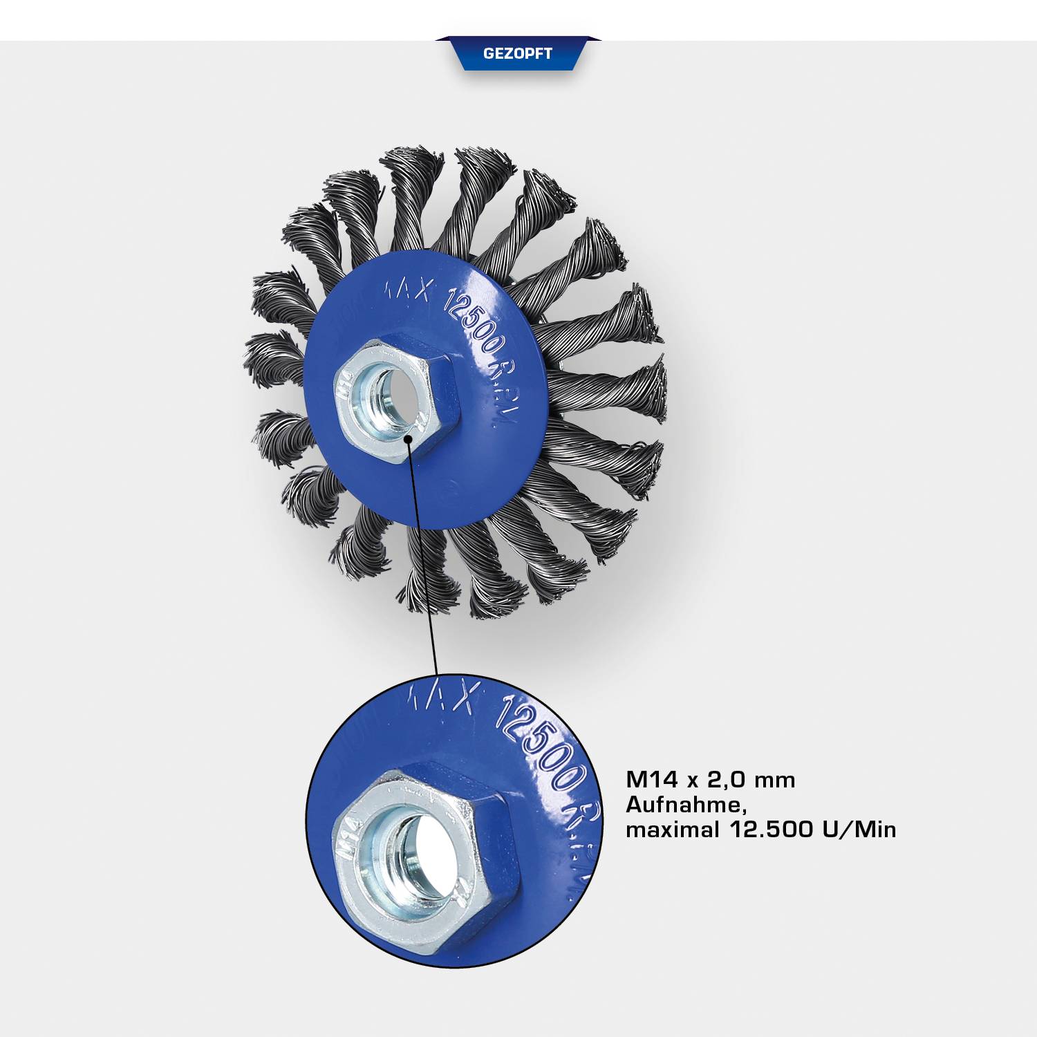 Wire brush with braided wires and M14 nut, suitable for 12,500 rpm; detailed view shows a close-up of the nut.