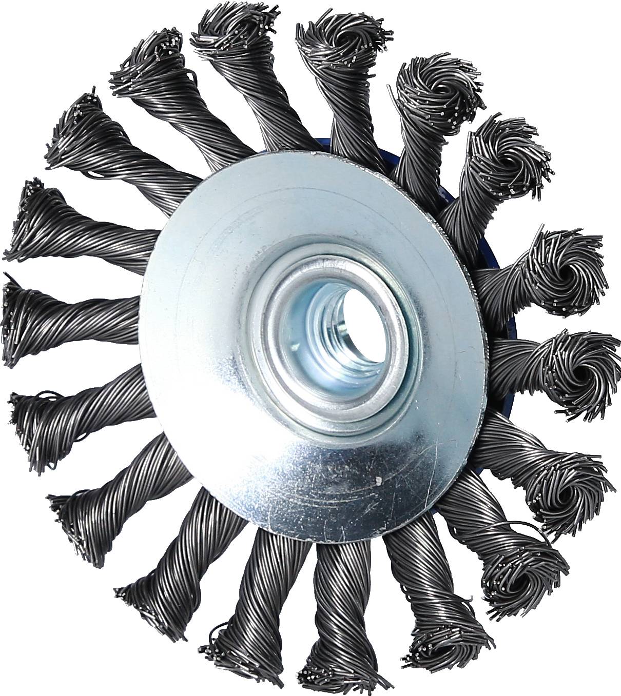 Steel wire brush with twisted bristles and metal disc, used for cleaning surfaces in metalworking.