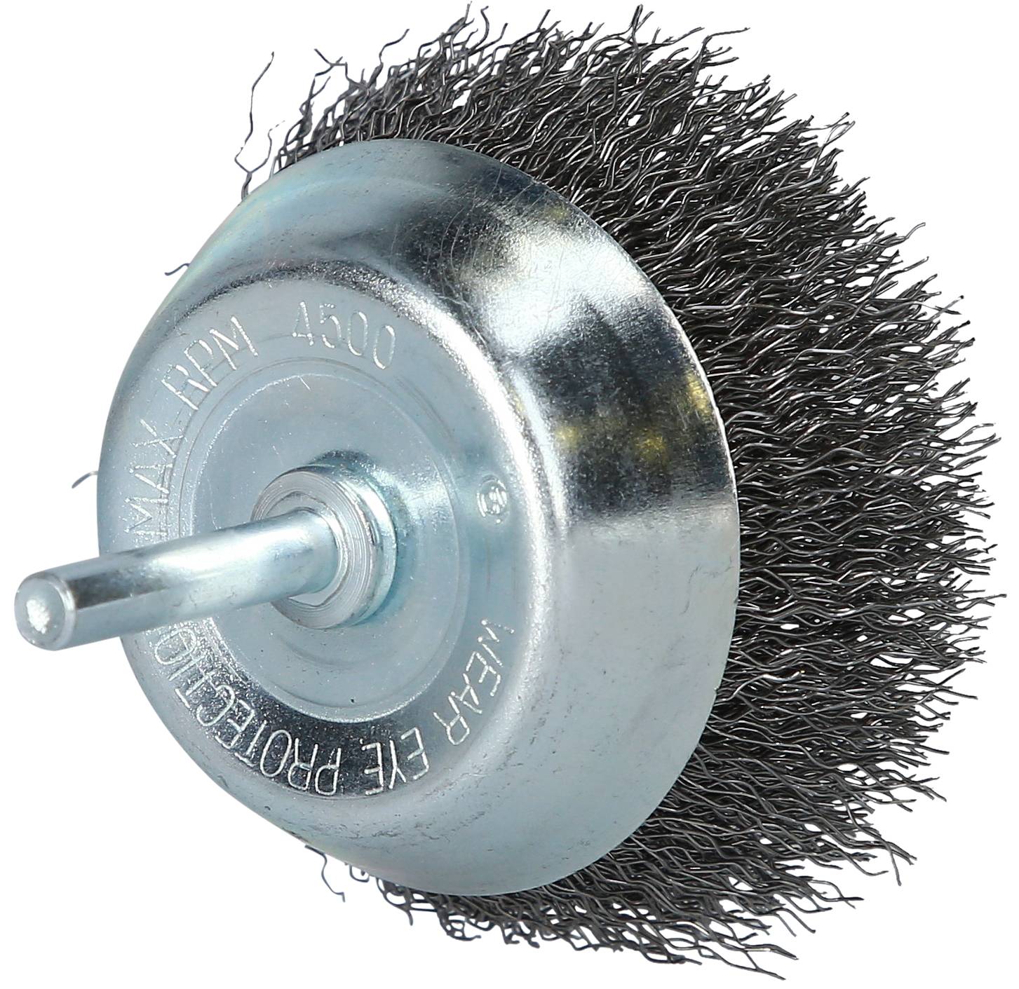 A round wire brush with a metal housing and bristles, suitable for power drills, used for removing rust and old paint.