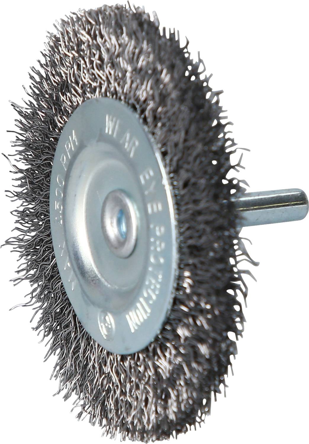 A round wire brush with metal bristles and a handle, used for cleaning and removing rust from surfaces in craft and manual applications.