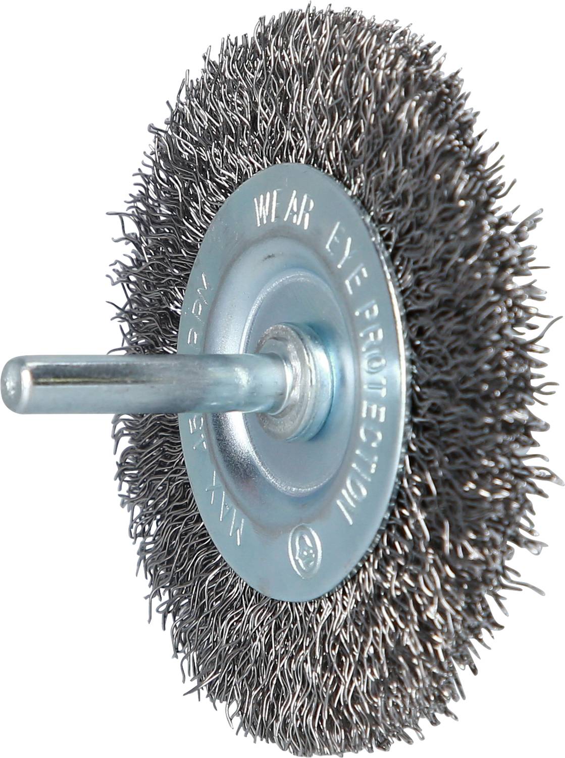 Round wire brush with metal bristles and central fixing pin, used for cleaning or polishing surfaces.