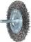 Round wire brush with metal bristles and central fixing pin, used for cleaning or polishing surfaces.