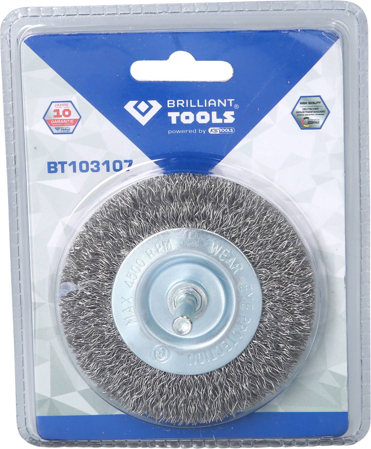 Packaged wire brush, blue label with the inscription 'BRILLIANT TOOLS', product number 'BT103107', performance data specified.