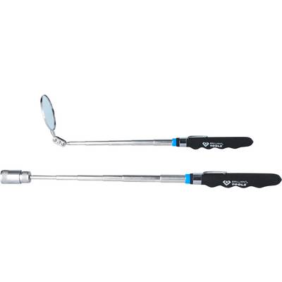 Telescopic mirrors and magnetic pick-up tools, both with black handles and telescopic shafts, are shown side by side.