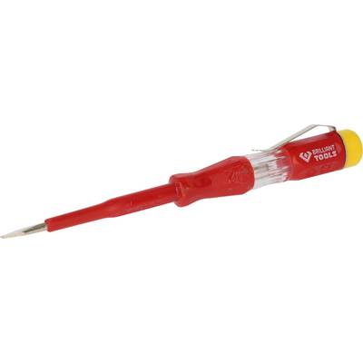 A red voltage tester with a yellow end and the inscription 'BRILLIANT TOOLS', used for checking electrical voltages.