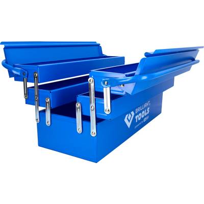 Blue toolbox with multiple compartments open. It has side handles and displays the 'Brilliant Tools' logo.