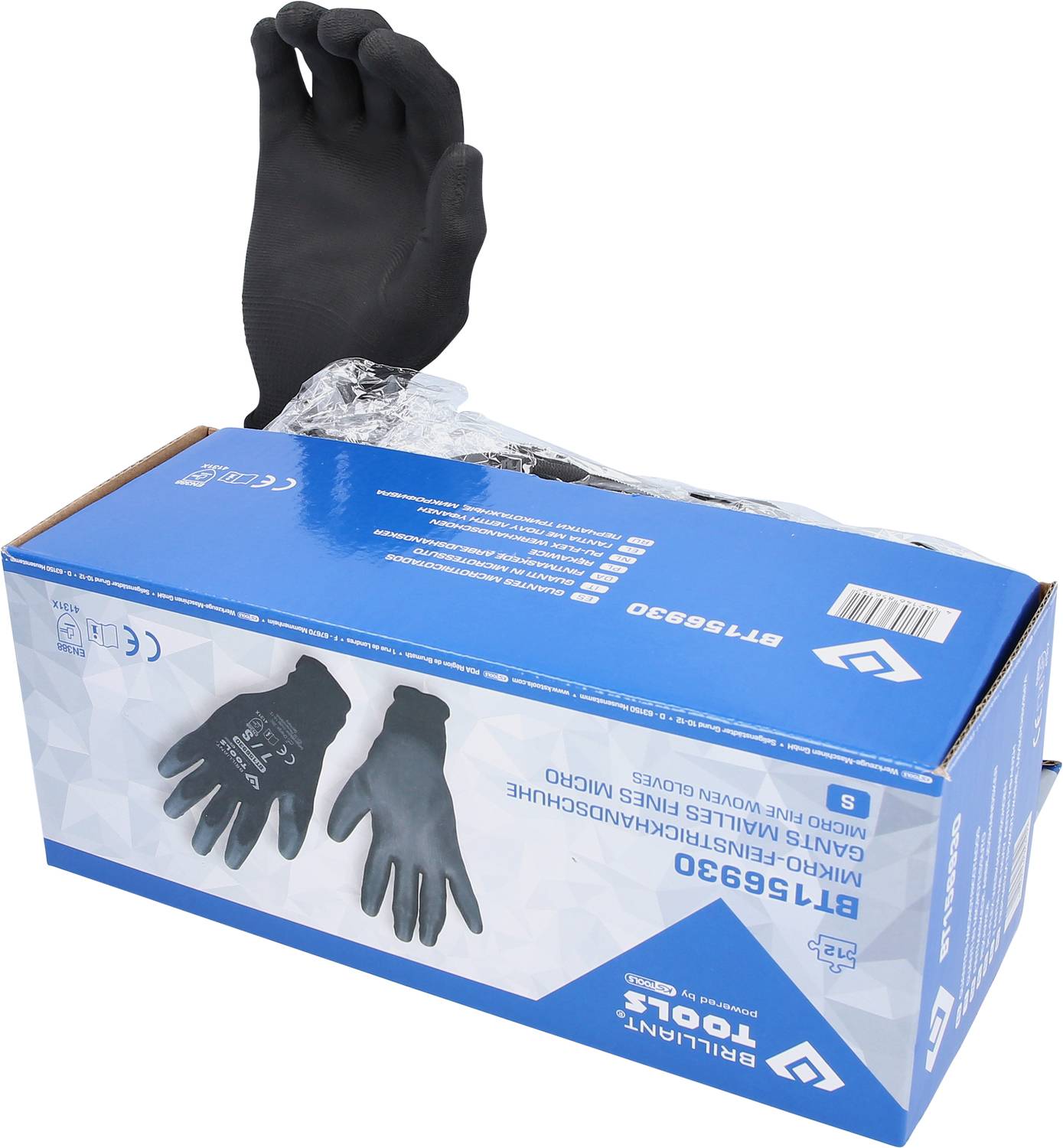 A box of black work gloves, with one glove visibly protruding from the opened box. Details of the glove size and brand are printed on the box.