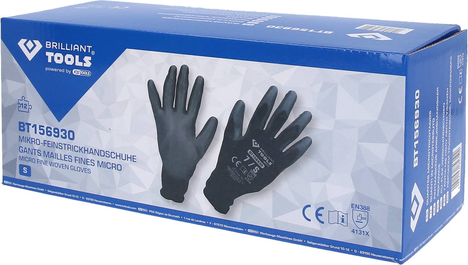 Packaging of black micro-fine knitted gloves, size S, brand Brilliant Tools, article number BT156930.
