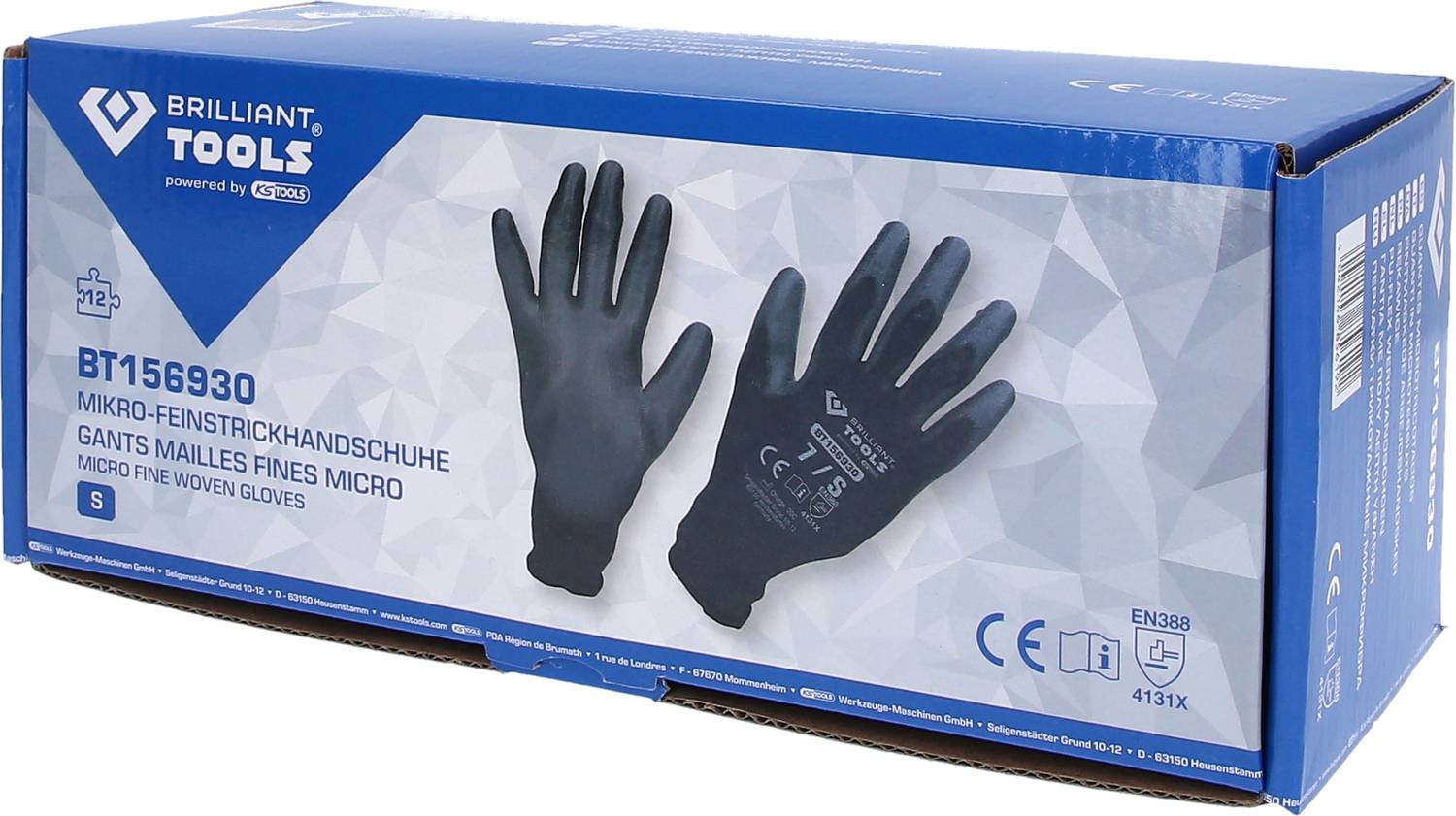 Packaging for 'Brilliant Tools' Micro-Fine Knit Gloves, Size S. Displays an image of the black gloves and handling details.
