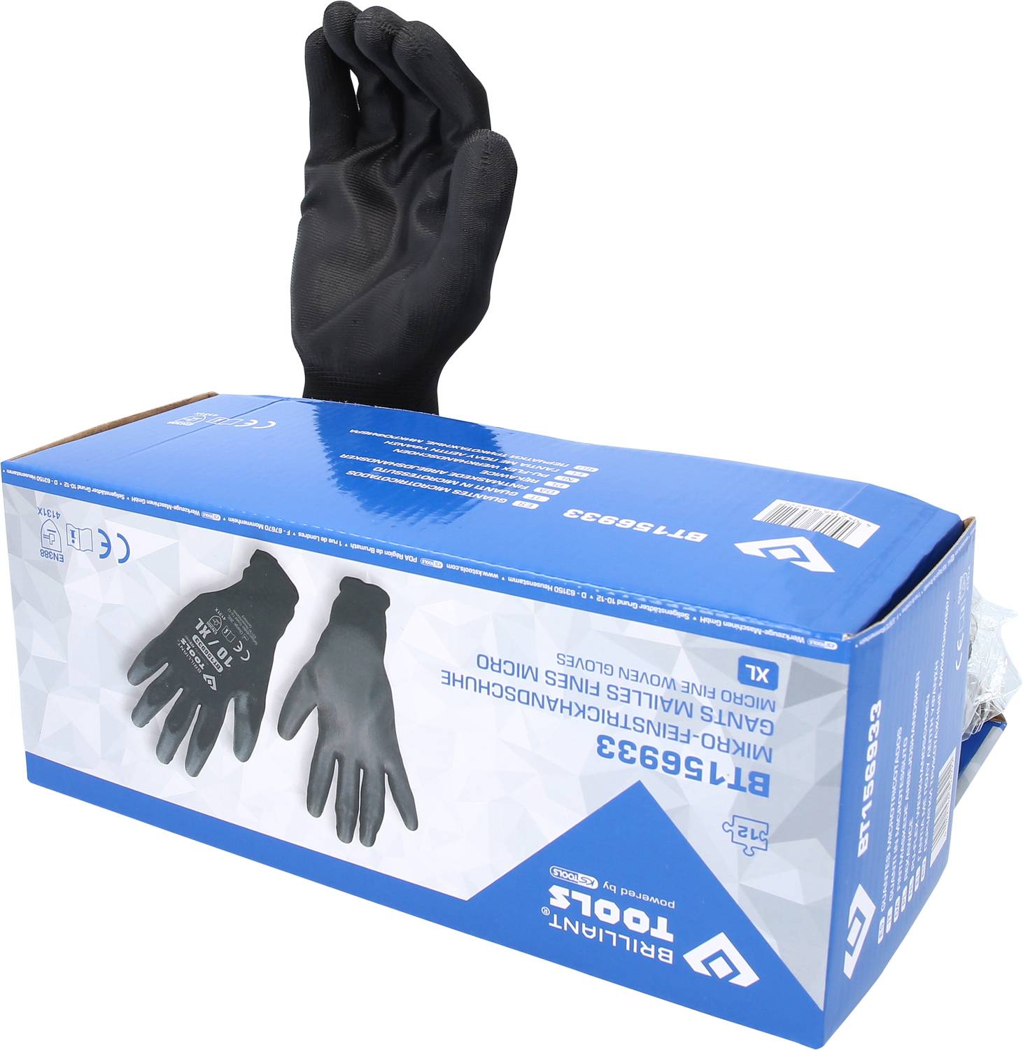 'A box of black micro-foam coated gloves. One glove protrudes from the box, offering a view of the product.'