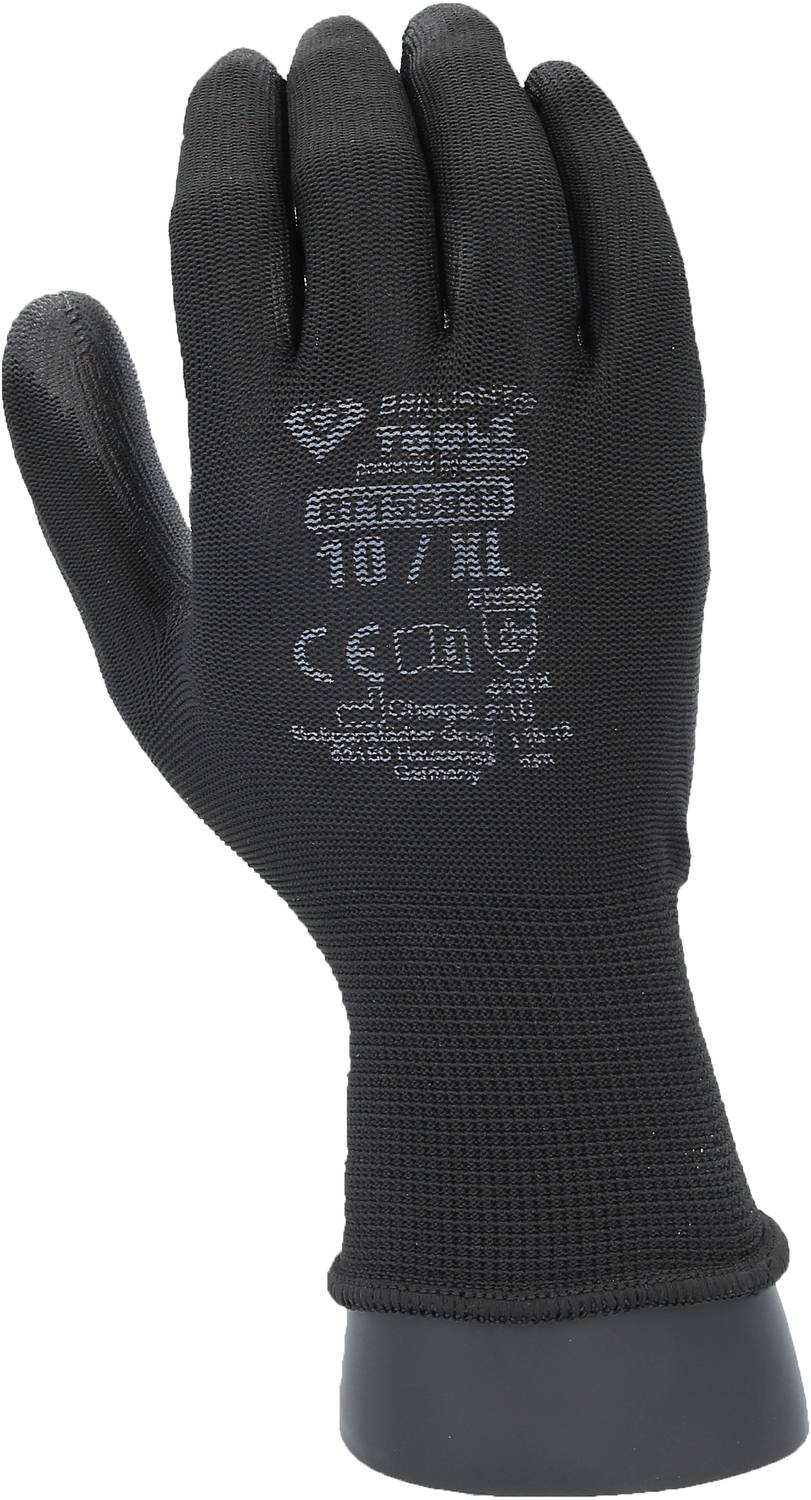 Black protective work glove on a hand model. Safety certification marks and size '10/XL' are visible.