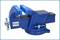 A blue vice with a movable jaw and rotating function, suitable for securing workpieces.