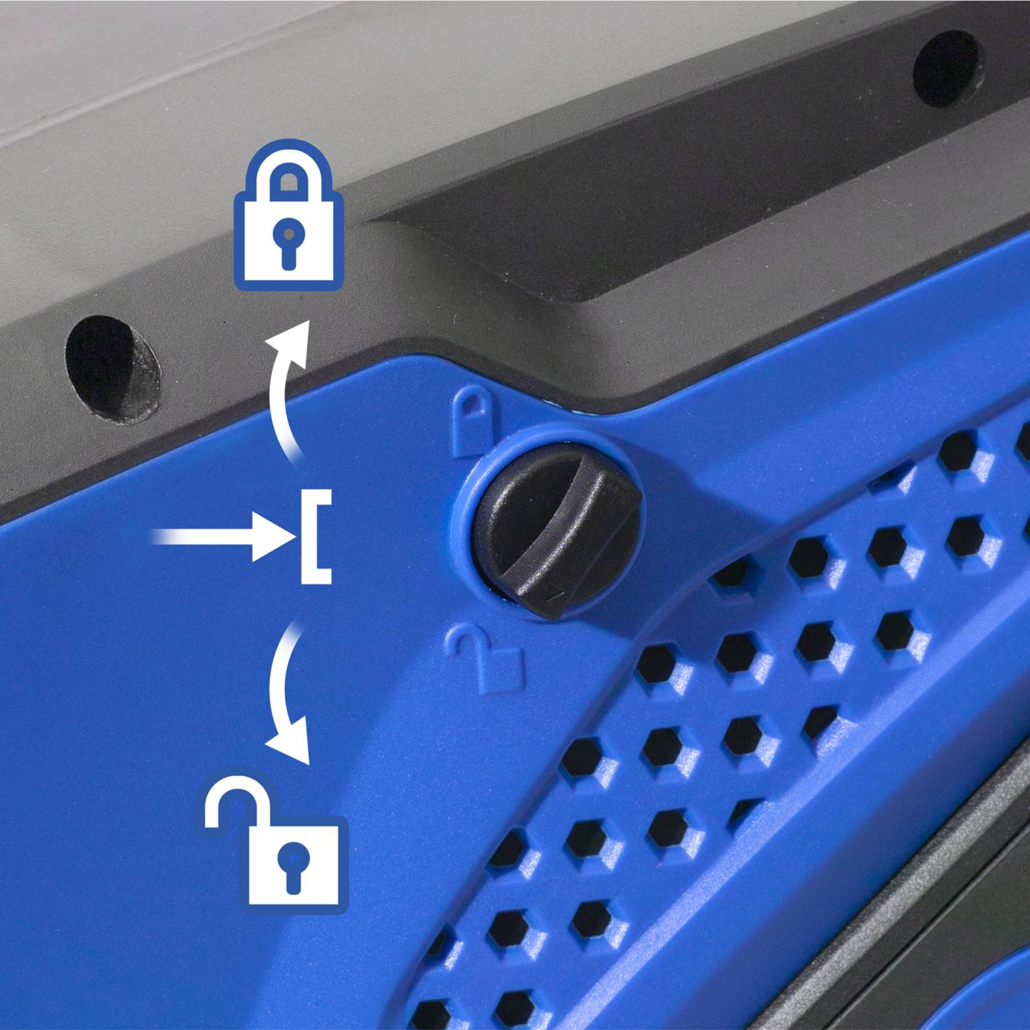 A blue rotary knob on a machine indicates with arrows and padlock symbols how to lock and unlock it.