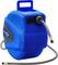 A blue, automatic hose reel with a grey hose and handle, perfect for garden or workshop use.