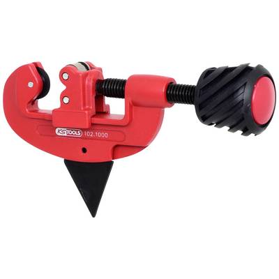 Metal tube cutter with a red housing and black handle, suitable for precise pipe cutting.