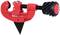 Metal tube cutter with a red housing and black handle, suitable for precise pipe cutting.