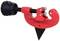 A red pipe cutter with a black handle and sharp blade for precision pipe cutting.