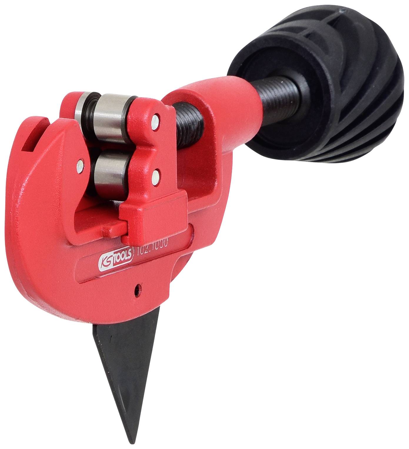Red pipe cutter with black handle, suitable for precision cutting of metal pipes.