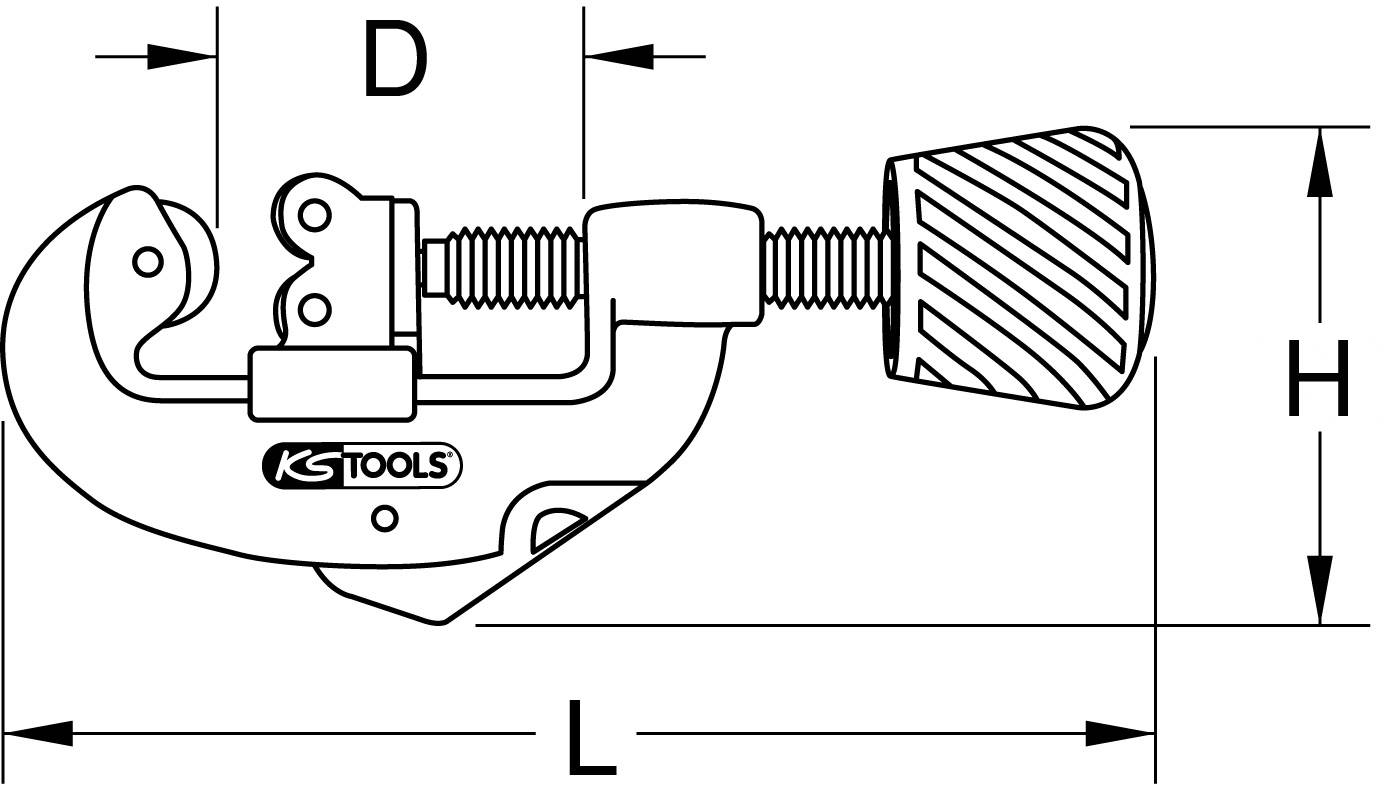 Technical drawing of a pipe cutter with dimensional specifications D, H, and L, along with the 'KS Tools' logo. Cutting head and rotary handle are highlighted.
