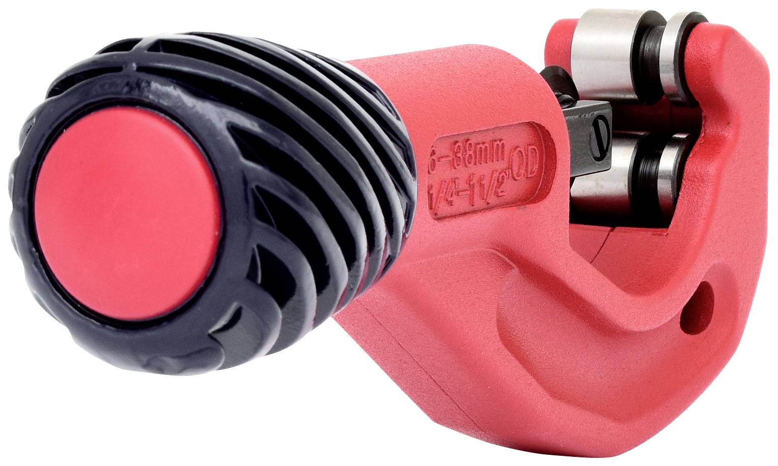 Pipe cutter with red and black design, suitable for cutting metal pipes.