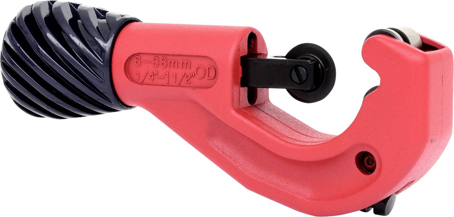 Pipe cutter made of red plastic with a black handle, suitable for diameters from 6 to 35 mm; precision pipe cutting tool.