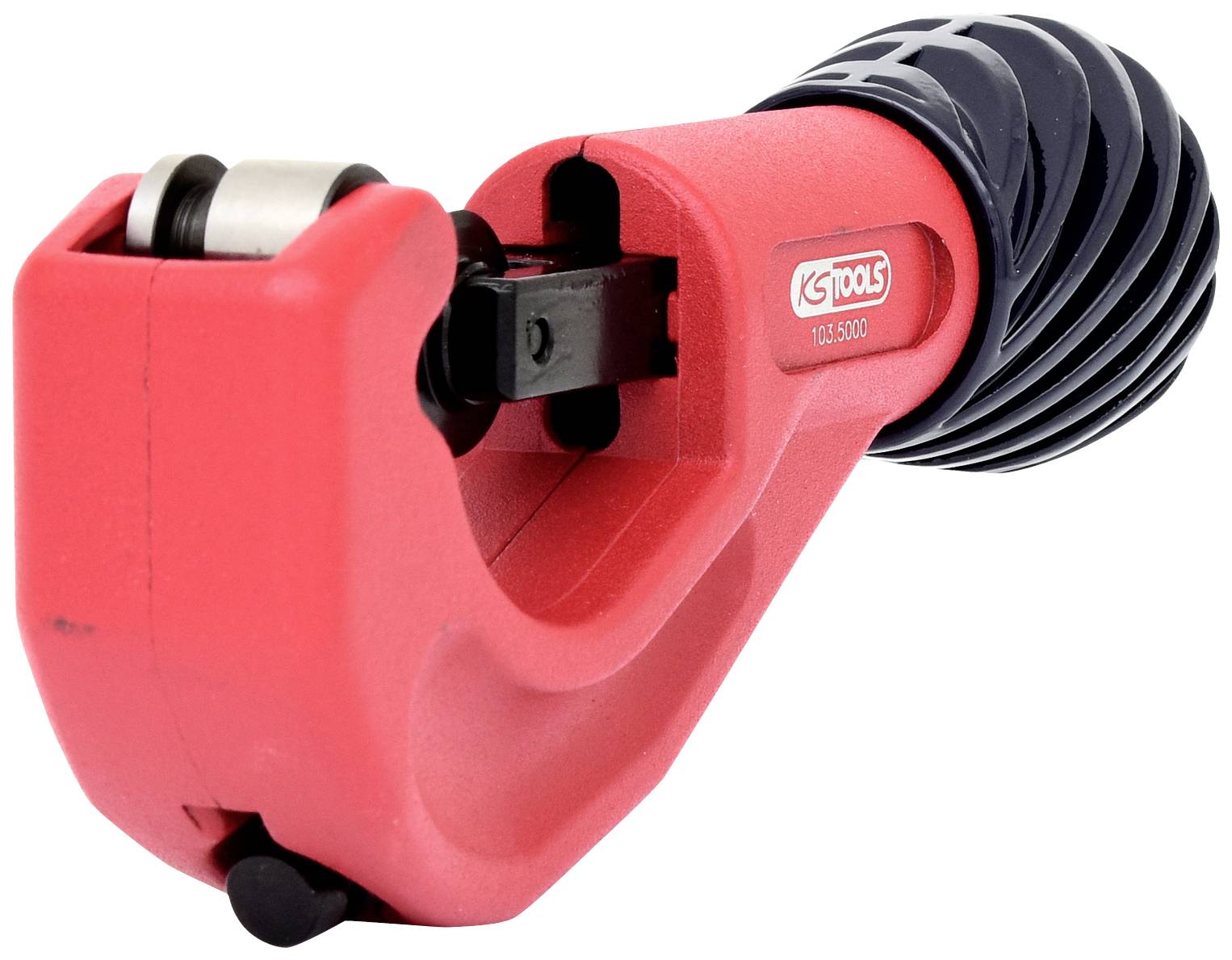 Red pipe-cutting tool with a black handle, suitable for cutting metal pipes, brand name visible on the side.