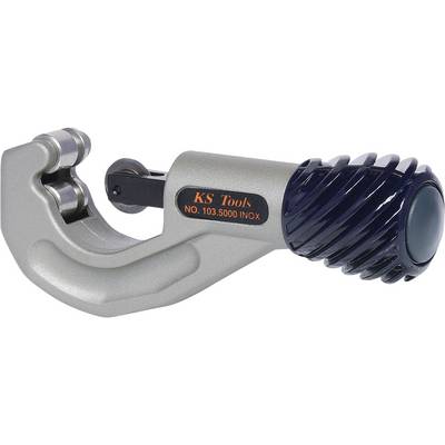 Pipe cutter with a grey body, black handle, and cutting mechanism; used for precise pipe cutting.